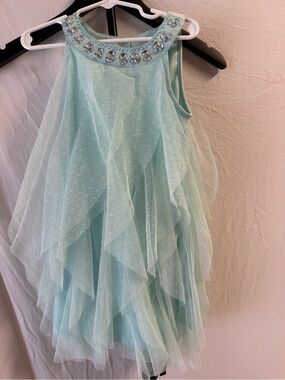 Tahari Mint Green Tulle Ruffled Formal Dress with Jeweled Neckline